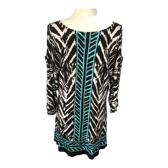 Evo Vorro Shift Tunic Dress Abstract Print Artsy Cold Shoulder Long Sleeve Top M - Picture 4 of 7